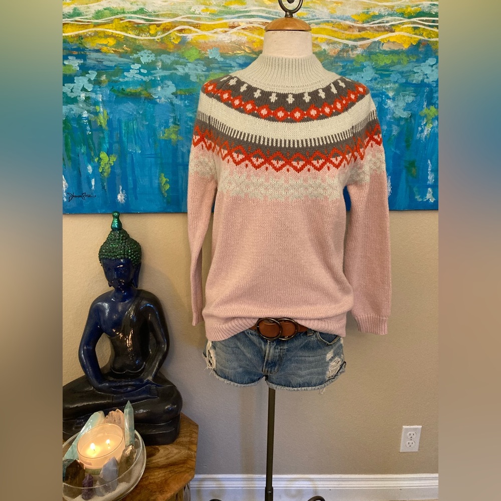 Boho hippie turtle neck Aztec print knit sweater in rose and cream
